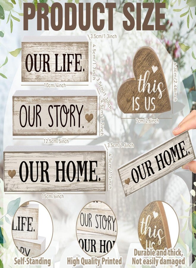 Conelist 4 Pcs Wooden Farmhouse Tabletop Decor Farmhouse Tiered Tray Decor Our Home Centerpiece Wooden Heart Rustic Decorative Block Sign for Table Kitchen Shelf Desk Decoration - Image 3